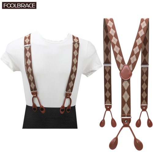 Immagine di Bretelle Vintage Unisex in Pelle Marrone PU con Cinturino Elastico a Forma di Y e Regolazione a 6 Bottoni – Reggicalze Stile Classico per Uomo e Donna