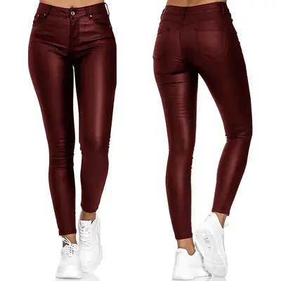 Image de Pantalon en Cuir PU Noir Moulant Taille Haute