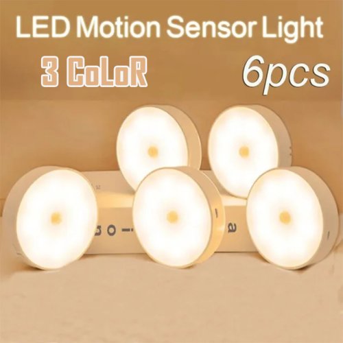 Image of 6-Pack USB Rechargeable Motion Sensor LED Night Light with 3 Color Modes – Wireless Cabinet, Wardrobe, Staircase & Closet Lighting for Home
