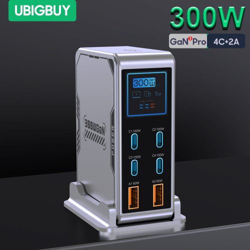 Zdjęcie Ubigbuy Ładowarka GaN 300W PPS PD 100W USB Typ C 6-portowa Stacja Szybkiego Ładowania z Cyfrowym Wyświetlaczem na Biurko do MacBooka iPhone Samsung