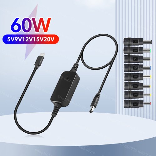 Zdjęcie Kabel Power Boost typu C do DC 5 V/9 V/12 V/15 V/20 V Kabel USB Boost Konwerter Regulowane napięcie 60 W Kabel szybkiego ładowania 8 adapterów