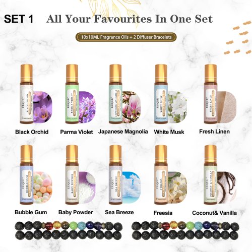 Bild von Natürliches Aromatherapie-Öl Roll-On Set – 10 Duftvarianten: Weißer Moschus, Kokosnuss, Vanille, Meerbrise, Baby-Puder, Frischer Leinen, Kaugummi, Schwarze Orchidee, Freesie
