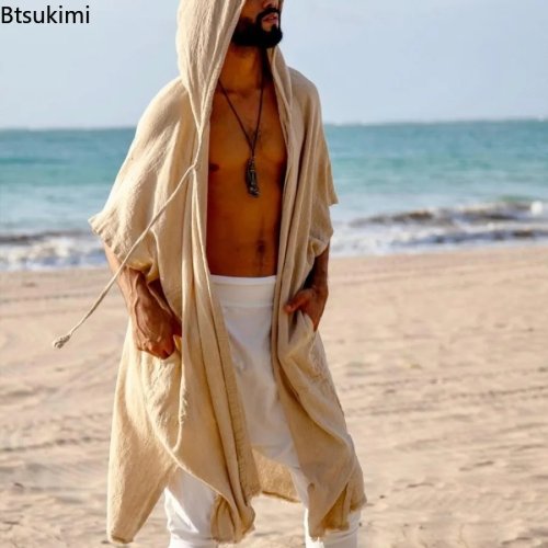 Bild von Neue männer Sommer Mid-länge Strickjacken Lose Beiläufige Sonnenschutz Kleidung Strand Urlaub Stil Schal Mantel Männlich Lange mit kapuze Cape