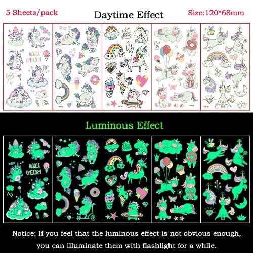 Imagen de Set de 5 Pegatinas de Tatuaje Temporal que Brillan en la Oscuridad con Diseños de Unicornios, Hadas y Animales para Niños – Ideal para Fiestas y Decoraciones Infantiles