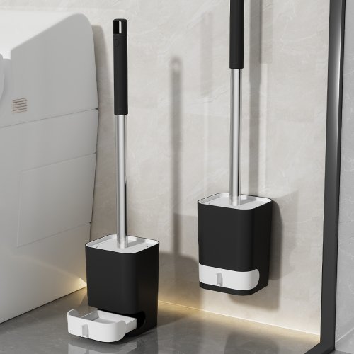 Imagen de WORTHBUY Cepillo de inodoro de plástico de mango largo con Base de drenaje, sin perforaciones, montado en la pared, cepillo de limpieza de inodoro, accesorios de baño
