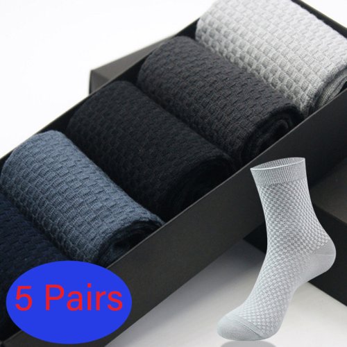Bild von 5 Paar Herren-Bambusfaser-Socken Lang, Harajuku-Stil, Einfarbig, Hochwertig, Schwarz, Ideal für Business und Alltag