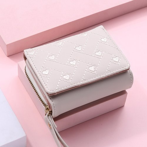 Imagen de Cartera Triple para Mujer con Tarjetero de PU, Diseño Minimalista Coreano con Patrón Bordado de Amor, Bolsillo Corto y Estilo Moda 2023