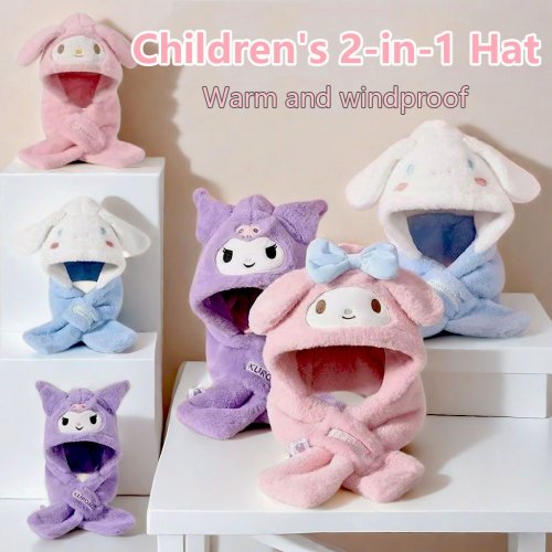 Bild von Sanrio Kuromi Kinder Wintermütze mit Schal und Kapuze – Weicher Samt, Wärmendes All-in-One-Set für Jungen und Mädchen