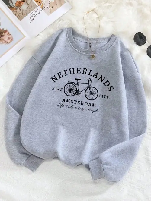 Image de Sweatshirt Femme Col Rond Décontracté - Design Amsterdam Vélo