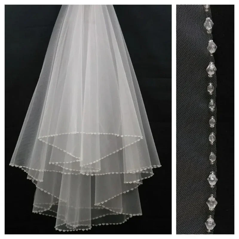 Image of Elegant Customized Sparkling Bridal Veil with Rhinestones and Crystals, Two-Layer Fingertip Length Wedding Veil for Brides