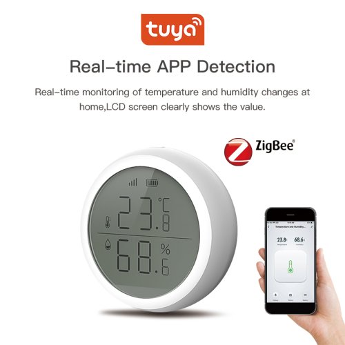 Zdjęcie Inteligentny Czujnik Temperatury i Wilgotności Tuya Zigbee z Wyświetlaczem LCD – Kompatybilny z Google Home, Alexa i Echo, Sterowanie Głosem