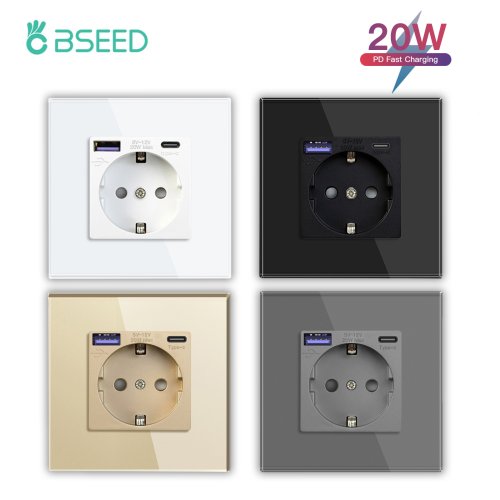 Zdjęcie BSEED 20W PD Gniazdo ścienne EU z portami szybkiego ładowania USB typu c Podwójne gniazdka elektryczne Potrójne gniazdka elektryczne Panel szklany