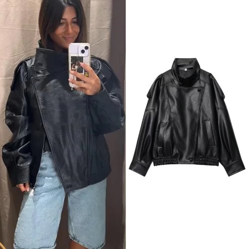 Elegancka Czarna Kurtka Damska ze Sztucznej Skóry z Długim Rękawem, Guzikami i Elastycznym Pasem – Oversize Płaszcz w Stylu Streetwear na Jesień i Zimę 2025