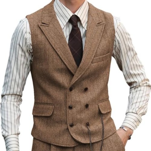 Image of Elegant Brown Suede Leather Waistcoat for Men – Vintage Style Business Vest with Slim Fit Design for Formal Events and Professional Wear