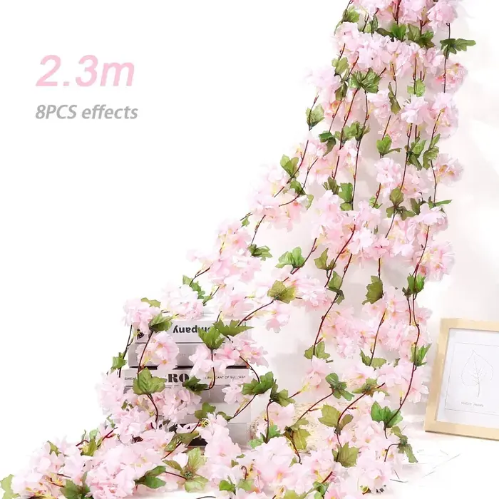 Image de fleurs artificielles fleurs de cerisier vignes fleurs en soie sakura rotin ornement de noël guirlande suspendue décoration de maison de mariage