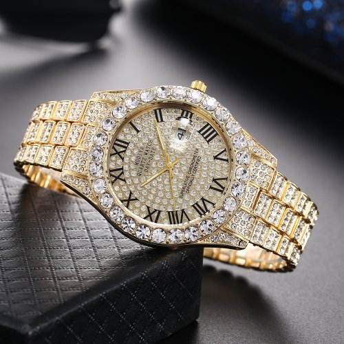 Image of Luxury Classic Golden Men's Steel Strap Watch with Roman Numerals, Rhinestone Accents, and Calendar Quartz Movement – Elegant Fashion Wristwatch for Modern Gentlemen