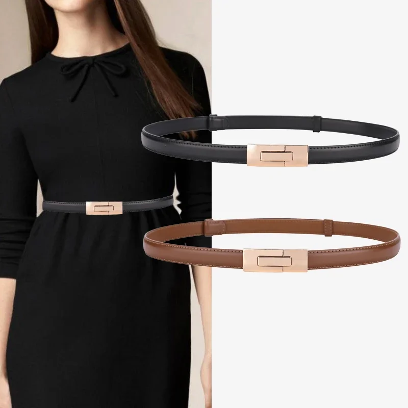 Bild von Weiches Rindsleder dünner Gürtel Damen dekoratives Kleid verstellbarer schwarzer Gürtel Damenmode Luxus Ledergürtel Damen