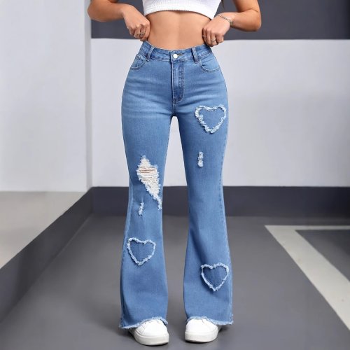 Imagen de Pantalones acampanados de mezclilla para mujer, pantalones vaqueros con agujeros, corte de bota desgastado, ropa de calle 20225, pantalones largos Vintage lavados elásticos de cintura alta