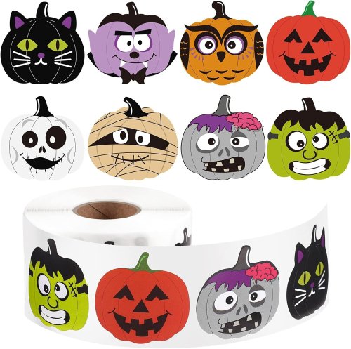 Zdjęcie Naklejki Halloweenowe – 500 Sztuk w Rolce, Motyw Dyni, 8 Wzorów, 3 cm, Idealne na Przyjęcia i Dekoracje