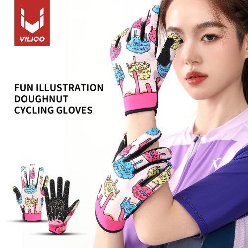Zdjęcie Para personalizowanych rękawic rowerowych dla rodziców i dzieci w kształcie pączka, pełne palce, amortyzujące wstrząsy, z obsługą ekranów dotykowych.