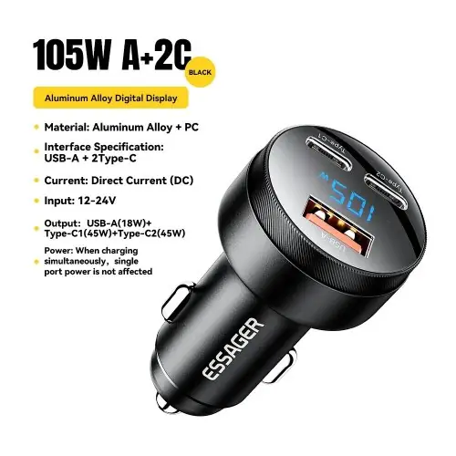 Image de Chargeur Voiture Rapide 105W USB-C pour iPhone, Xiaomi & Plus