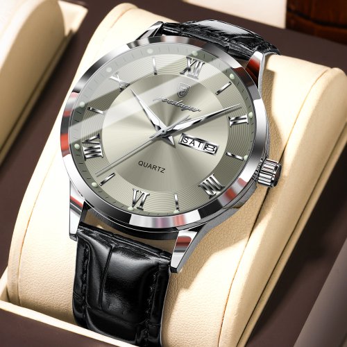 Image of Poedagar Luxury Men's Military Sport Watch with Genuine Leather Strap, Quartz Movement, Waterproof, Luminous Dial, Date and Day Display