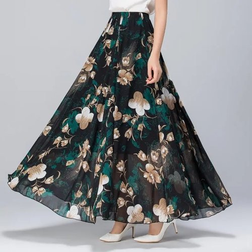 Image of Elegant Chiffon Floral Maxi Skirt for Women – High Waist Long Summer Beach Boho Holiday Dance Skirt with Vintage Fairy Style
