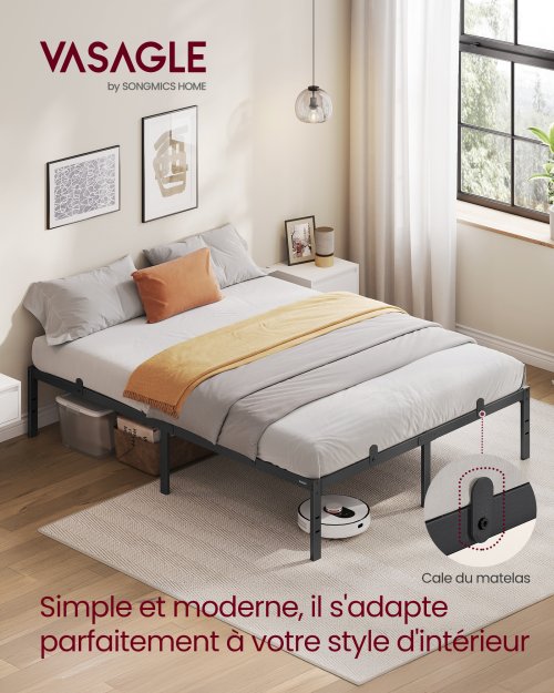 Image of Double Bed Frame, 140 x 190 cm Bed Base, Metal Frame, Storage Space Underneath, Modern, Guest Bed, Easy Assembly, Matte Black