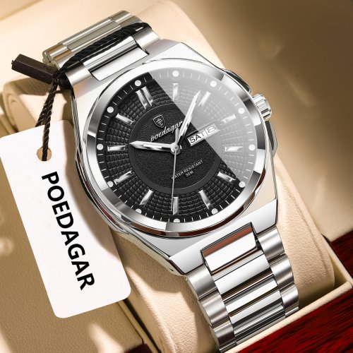 Afbeelding van POEDAGAR Top zakelijke herenhorloges roestvrij staal waterdicht lichtgevend herenhorloge datum week quartz casual mode herenpolshorloge