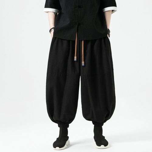 Image of 2024 Summer Men Wide Leg Pants Men Dark Wind Solid Color Casual Pants Japanese Styles Harun Pants Men Cotton Linen Lantern Pants