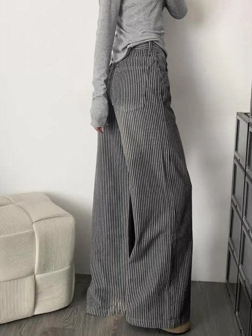 Immagine di Jeans larghi vintage a righe a vita alta streetwear Harajuku pantaloni denim casual da donna pantaloni a gamba larga autunno inverno retrò americano