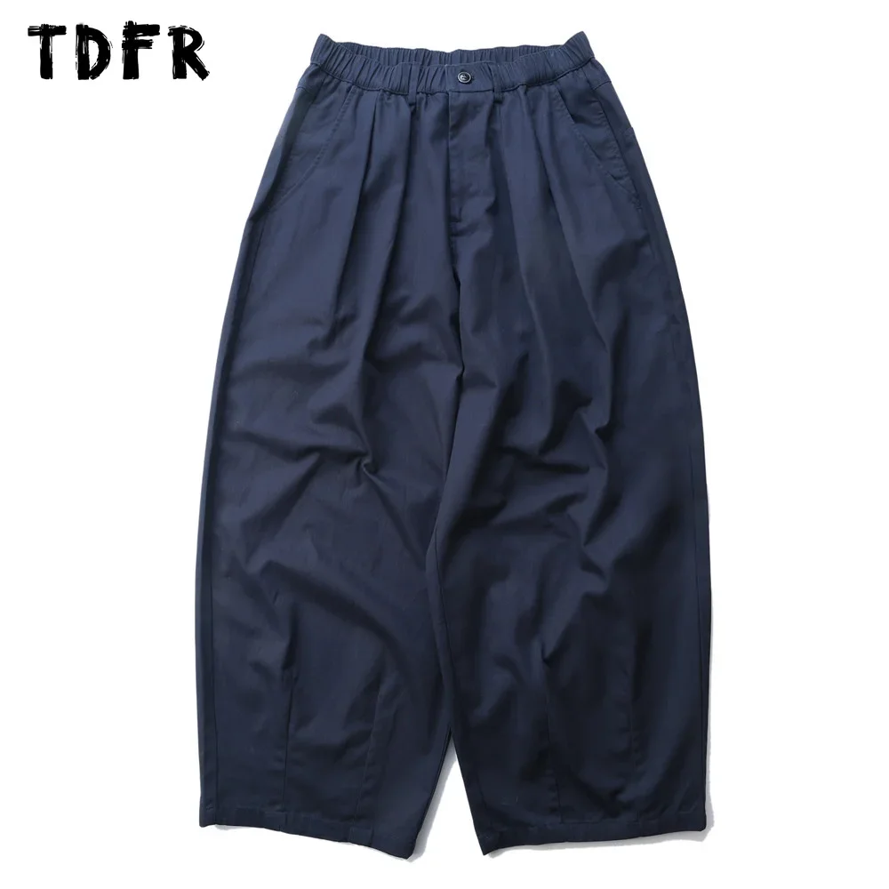 Image of Men's Solid Color Wide Leg Cargo Pants with Elastic Waistband – Baggy Pleated Streetwear Style Casual Loose Trousers for Urban Fashion