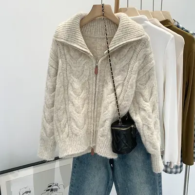 Image de Pull Cardigan Double Fermeture Éclair Col Rabattu Femme