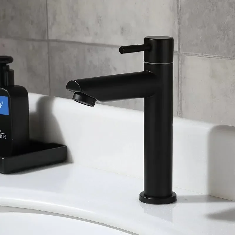 Image of Elegant 304 Stainless Steel Single Cold Water Basin Faucet with Black and Silver Finish - Deck Mounted, Lengthening and Raising Design for Modern Bathroom Sinks