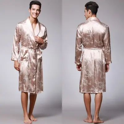 Image de Kimono Homme Soie Satin - Robe de Chambre Longue Noir avec Dragon Doré
