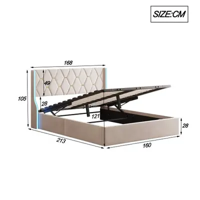 Image de Lit Capitonné 140x200 cm avec Éclairage LED et Rangement Hydraulique