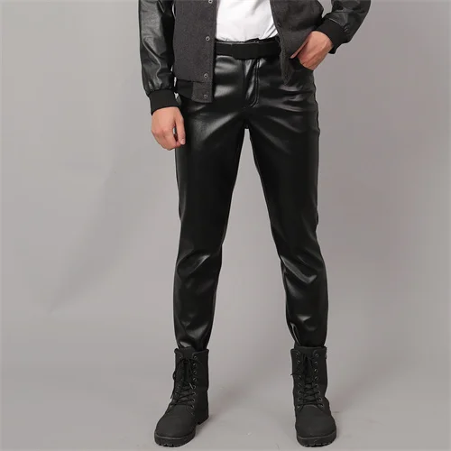 Imagen de Nuevos pantalones ajustados de piel sintética para hombre, pantalones de motociclista informales de ...