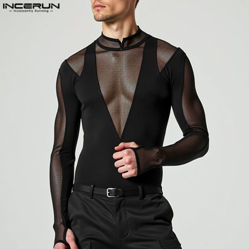 Image of Men's Long Sleeve Bodysuit with Lacing Detail - Solid Color, Comfortable Fit, Hollow-Out Design for Casual Wear and Homewear