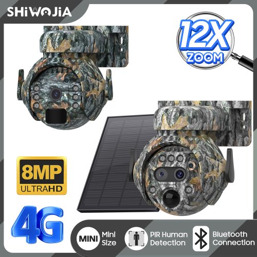 Zdjęcie Kamera myśliwska z podwójnym obiektywem, 12-krotnym zoomem, nagrywaniem w 4K i rozdzielczością 8 MP, z funkcją 360°, 4G, kamuflażem, baterią 7800 mAh oraz kontrolą przez aplikację UBOX – idealna do monitoringu zewnętrznego