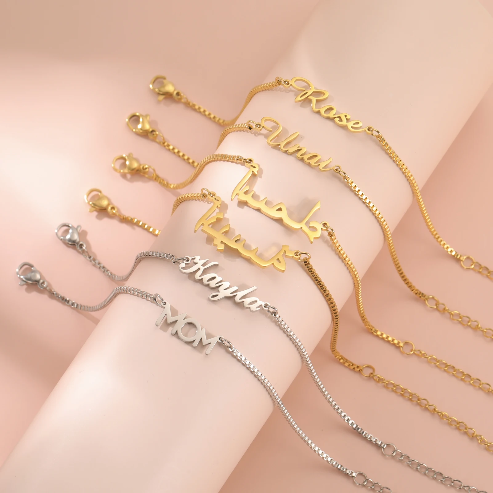 Imagen de Pulsera con nombre personalizado para mujeres y niñas, caja de acero inoxidable, cadena, pulseras con dijes personalizados, regalo de joyería personalizado único