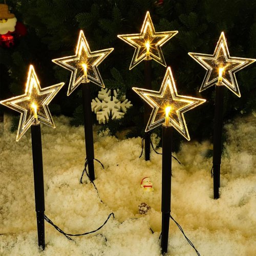 Imagen de 5 Unidades de Luces de Camino de Navidad con Diseño de Copo de Nieve, Impermeables, con Estrella y Lámpara de Estaca Solar para Decoración Exterior e Interior del Hogar