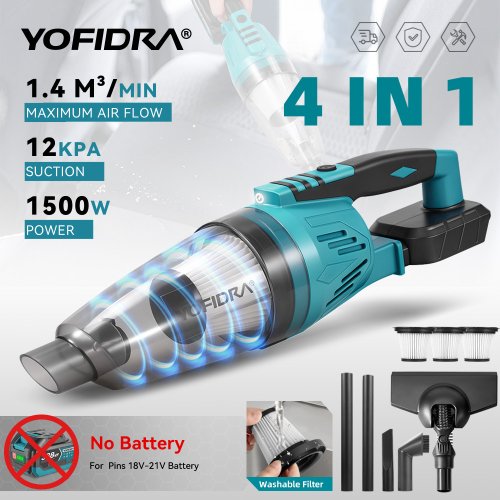 Imagen de Aspiradora Eléctrica Inalámbrica 4 en 1 de 1500W y 12KPa - Herramienta de Limpieza Potente para Hogar y Coche con Filtro Triple y Compatible con Batería Makita