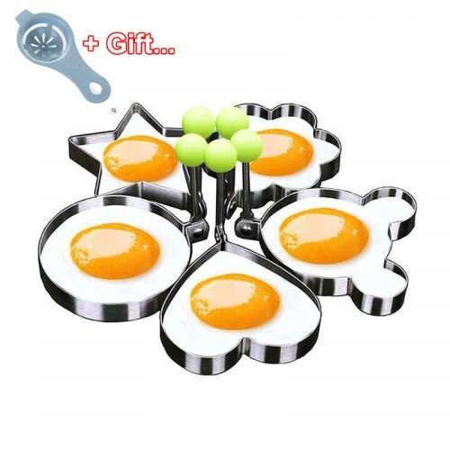 Imagen de Juego de 5 Moldes para Huevos de Acero Inoxidable en Forma de Corazón, Flor, Estrella, Círculo y Mickey Mouse – Utensilios de Cocina Creativos y Duraderos