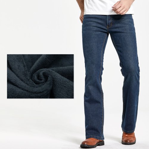Imagen de Pantalones Vaqueros Elásticos de Invierno para Hombre con Forro de Lana Polar, Corte Ajustado Ligeramente Acampanado y Diseño de Bota