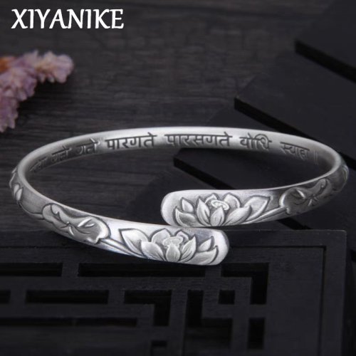 Image of Vintage Thai Silver Lotus Flower Cuff Bracelet for Women and Girls – Ethnic Fashion Jewelry Gift for Parties and Special Occasions