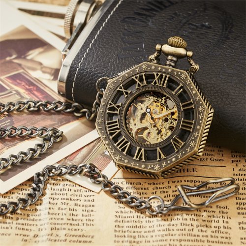 Imagen de Reloj de bolsillo mecánico Hexagonal clásico Ramadán, cadena FOB Steampunk, esfera romana, esqueleto, reloj de bolsillo de acero hueco dorado para hombre