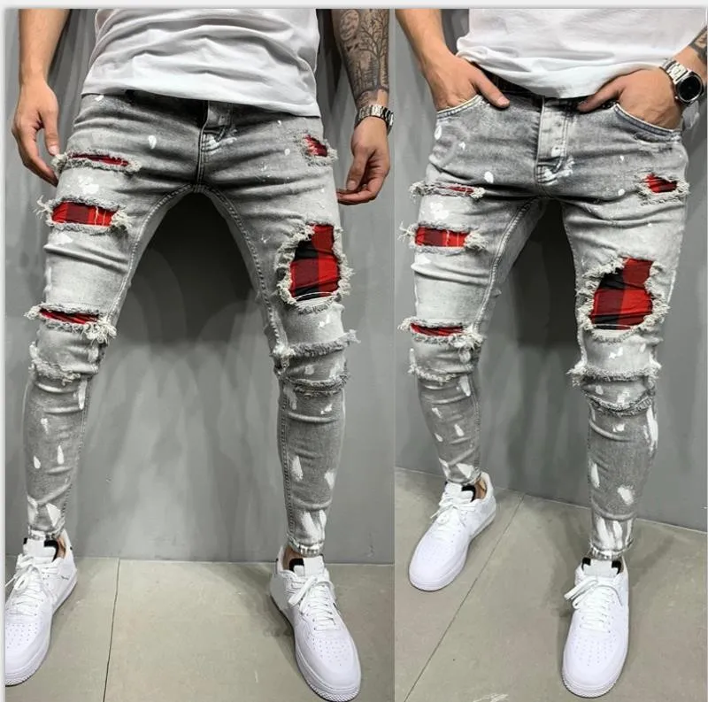 Imagen de Jeans Pantalones Lápiz para Hombre con Agujeros Desgastados, Estilo Streetwear, Denim Patchwork, Corte Slim Fit y Lavado, Medios de Cintura, Hasta el Tobillo