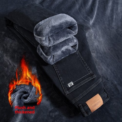 Afbeelding van Herens winter warme 3-kleurige straight fit fleece jeans met klassieke stijl en baggy pasvorm – effen denim broek voor mannen