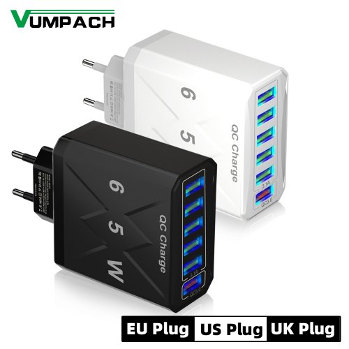 Afbeelding van 65W USB-C Oplader met 6 Poorten – Snelle Oplading voor iPhone, Samsung & Xiaomi