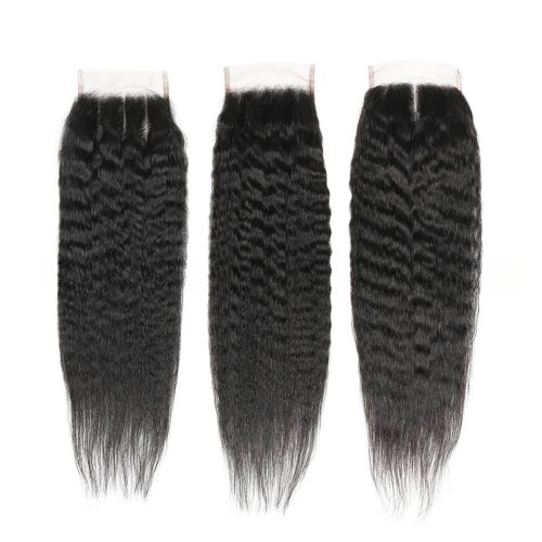Image of 4x4 5x5 Kinky Straight Human Hair Lace Closure Brazilian Virgin Hair Pre-Plucked Transparent Swiss Lace 150% Density 10-20 Inch